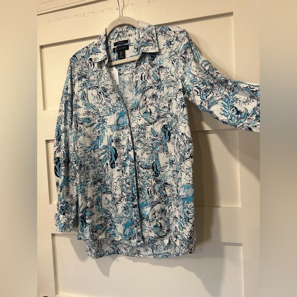 Tahari linen medium long sleeve blouse button down top - Picture 2 of 9